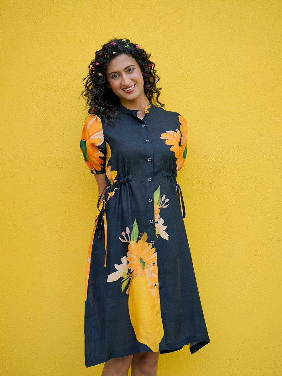 Sunflower Printed Muslin Black Dress – House of Zavi Sunflower Printed Muslin Black Dress – House of Zavi