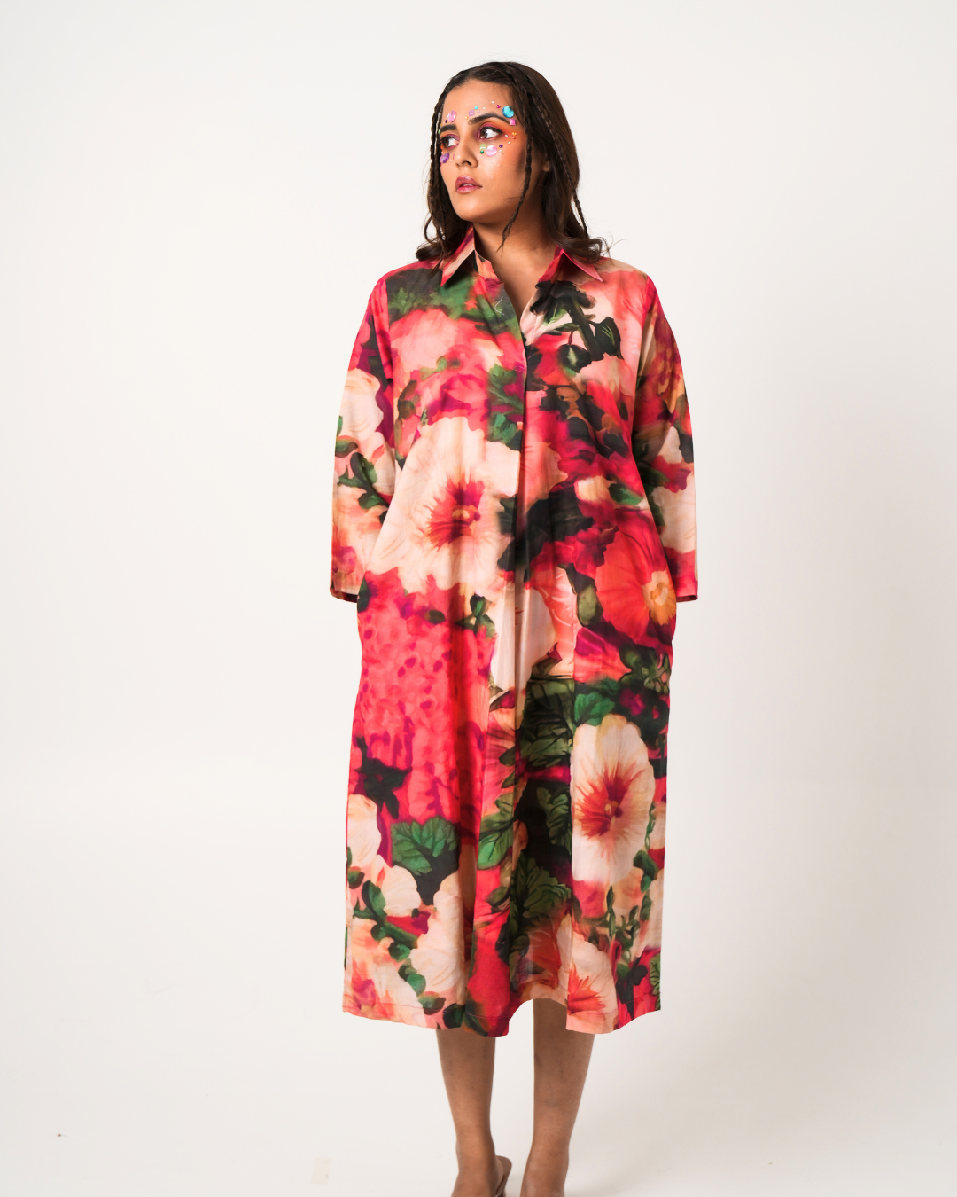 Red Floral Cotton Pleated Dress