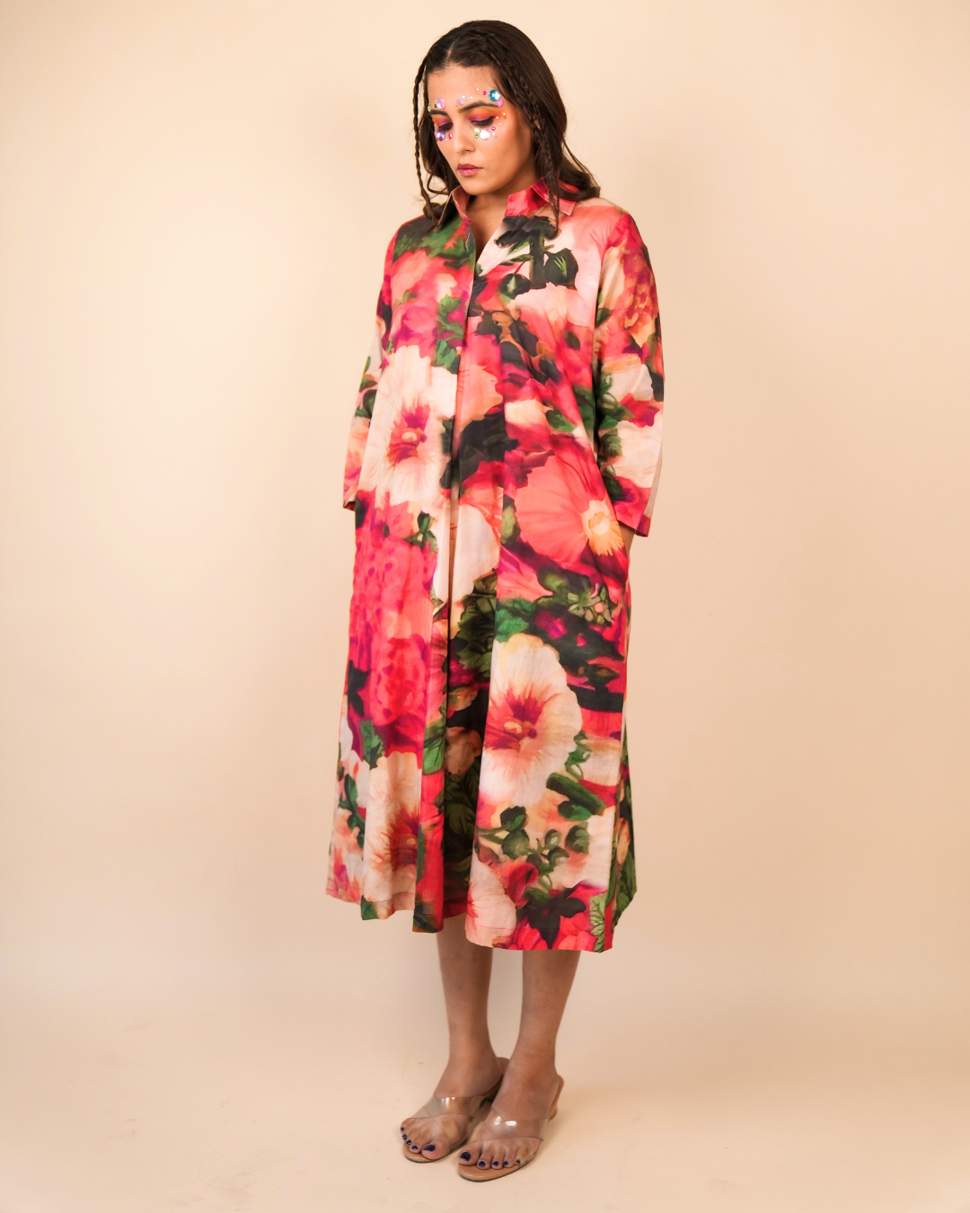 Red Floral Cotton Pleated Dress