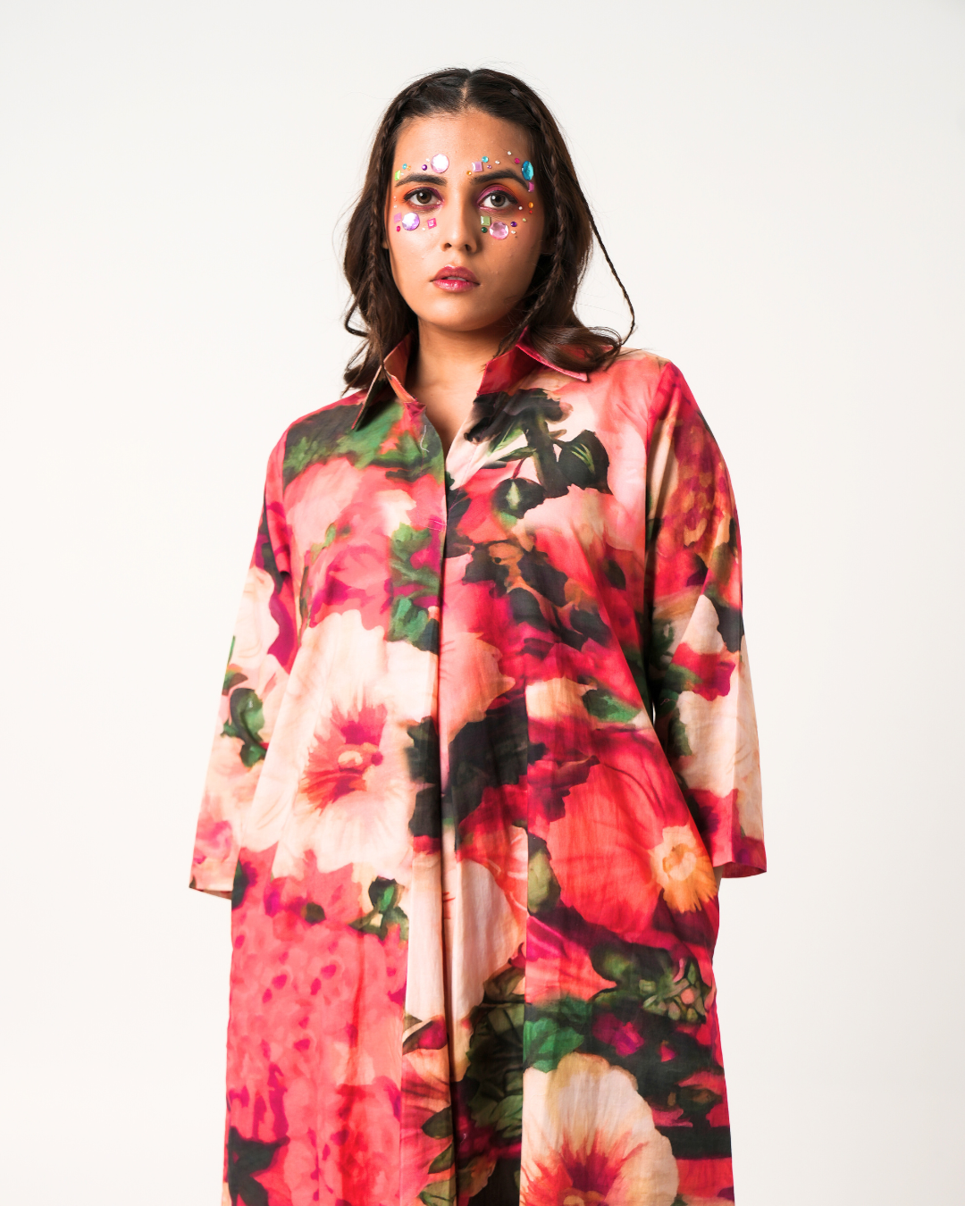 Red Floral Cotton Pleated Dress