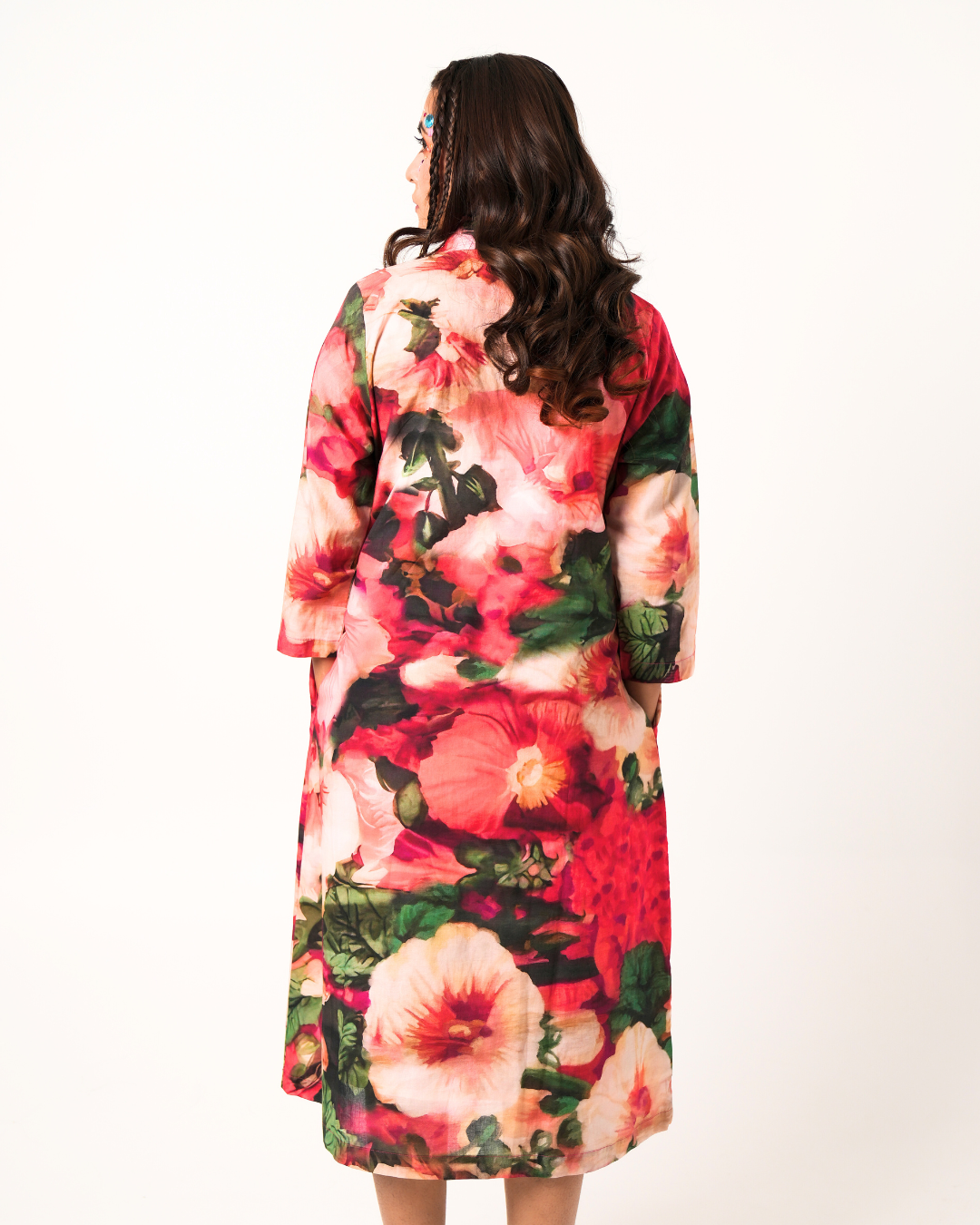 Red Floral Cotton Pleated Dress