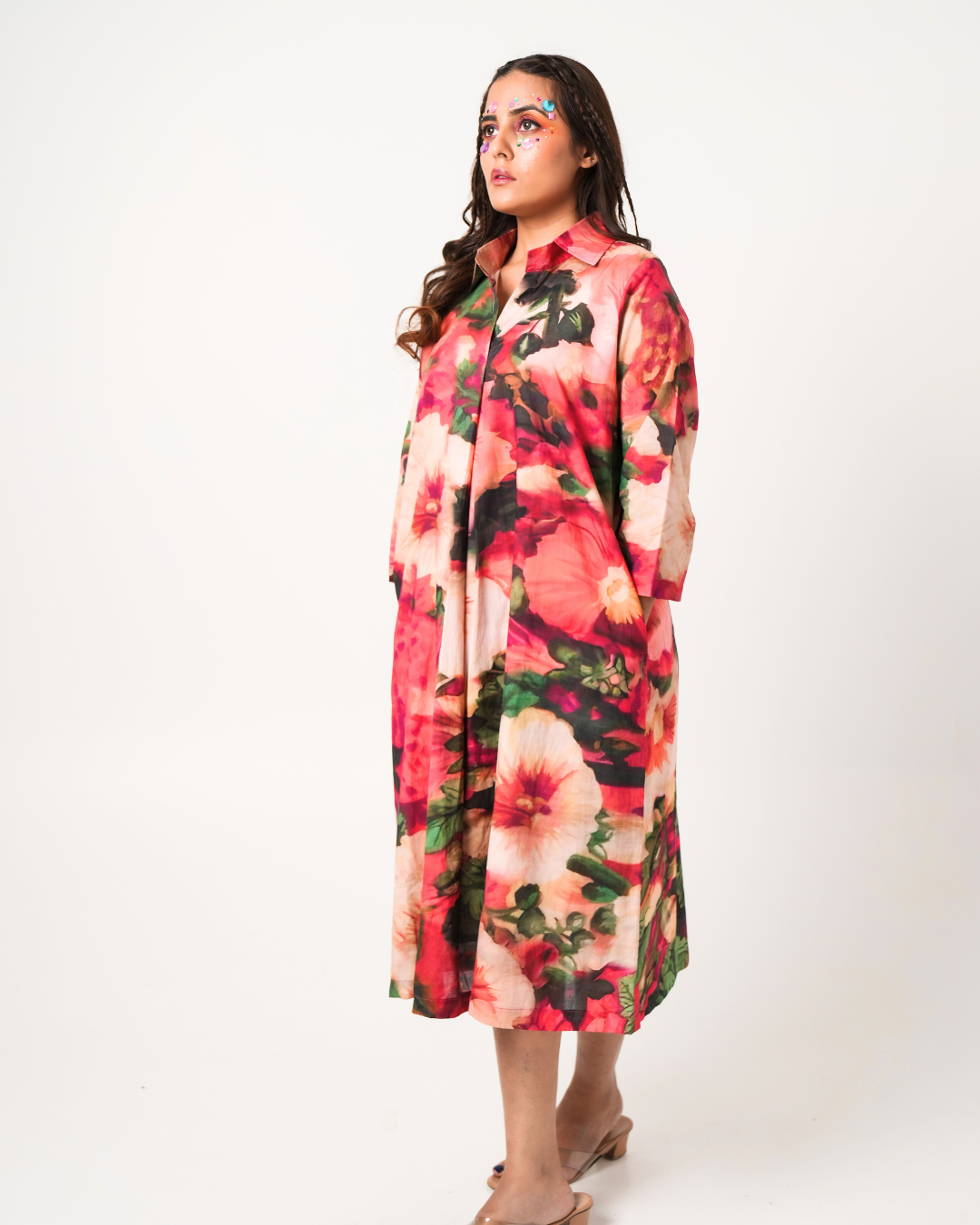 Red Floral Cotton Pleated Dress