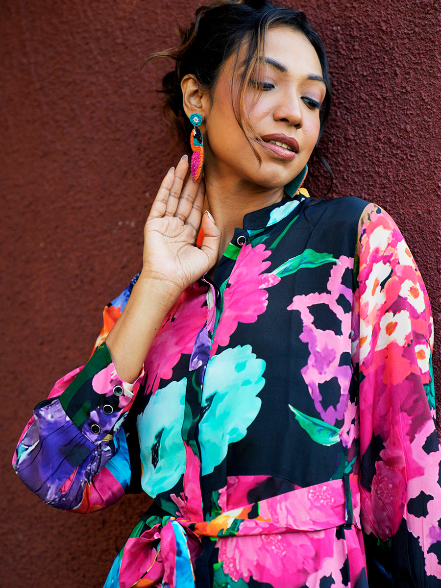 "Close-up of the soft crepe fabric used in Midnight Blossom Short Dress."