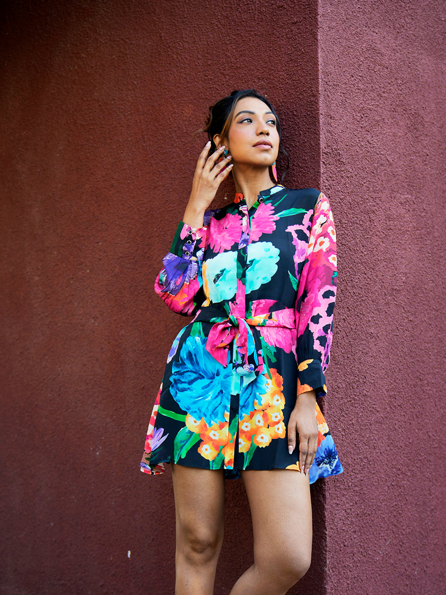 "Midnight Blossom Short Dress featuring a black base with vibrant floral patterns."