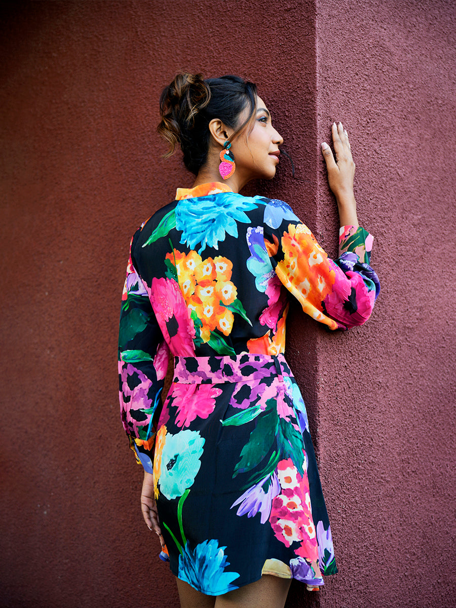 "Back view of the Midnight Blossom Short Dress highlighting the smooth finish."