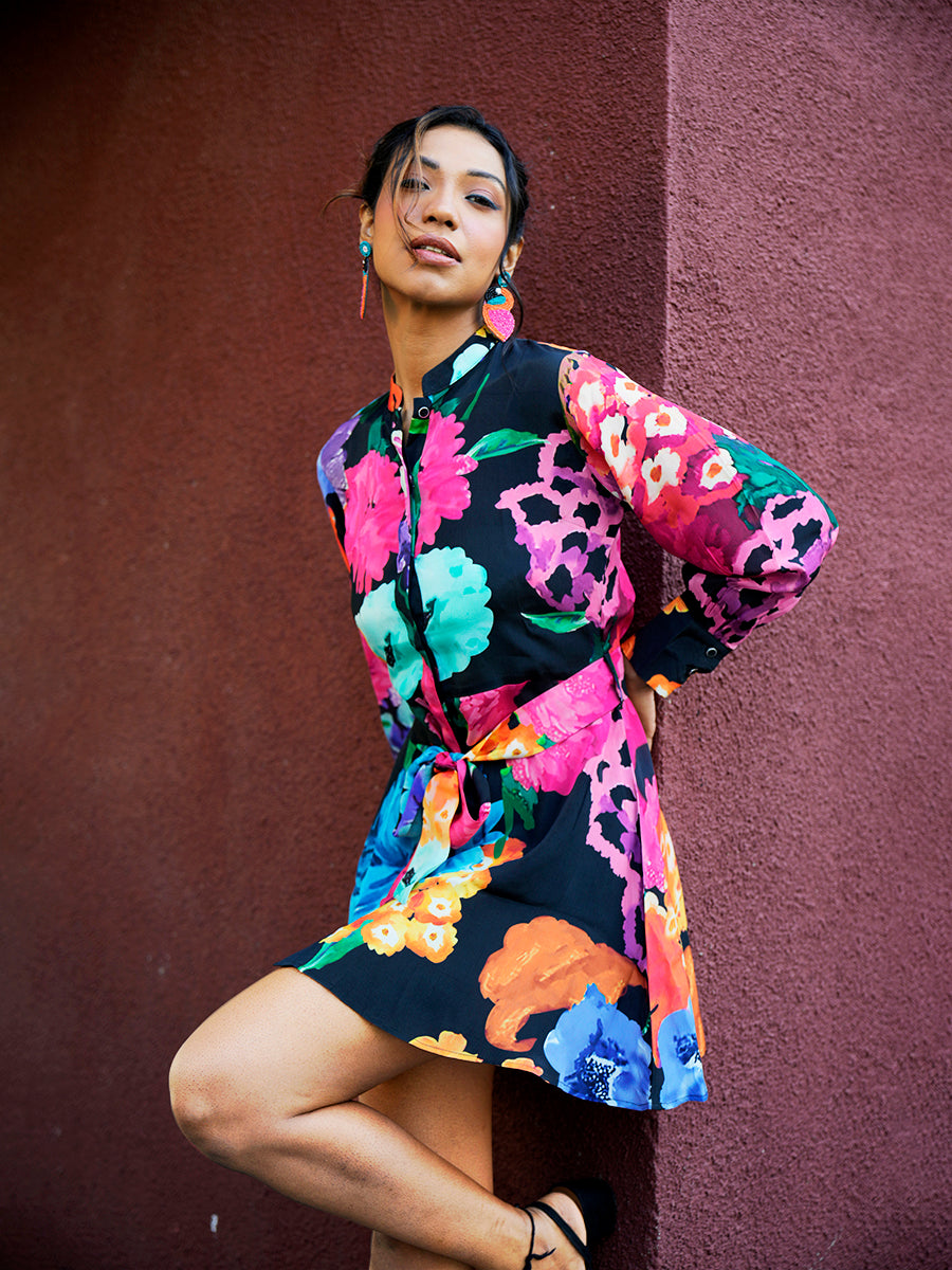 "Side view of the Midnight Blossom Short Dress showcasing its elegant silhouette and floral design."