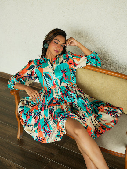 "Model wearing an Abstract Printed Short Dress with vibrant geometric patterns, perfect for resort wear."

