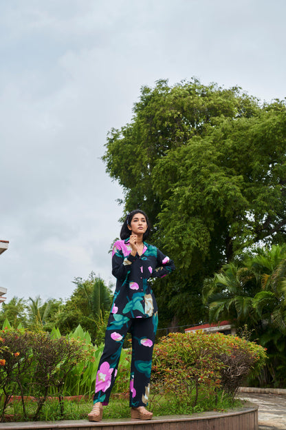 Natural Crepe Ebony Floral Co-Ord Set