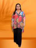 Abstract print crepe shirt top styled with denim for casual chic look