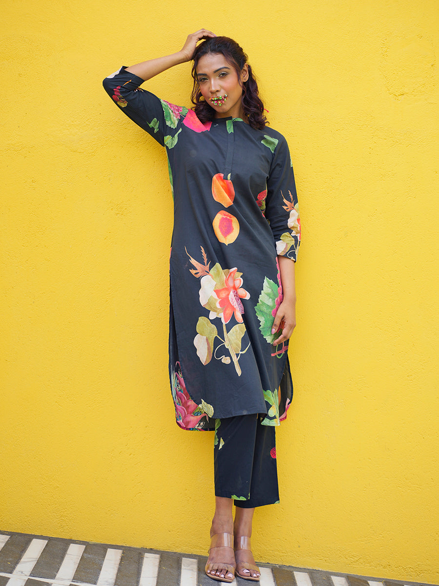 Black Peach Printed Cotton Kurta Co-Ord Set