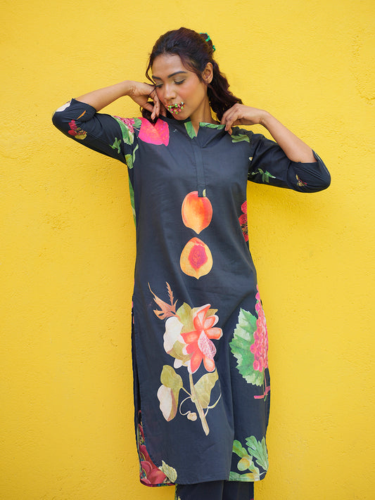 Black Peach Printed Cotton Kurta Co-Ord Set