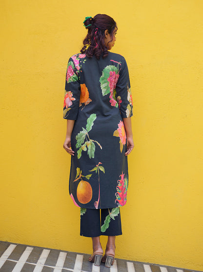 Black Peach Printed Cotton Kurta Co-Ord Set