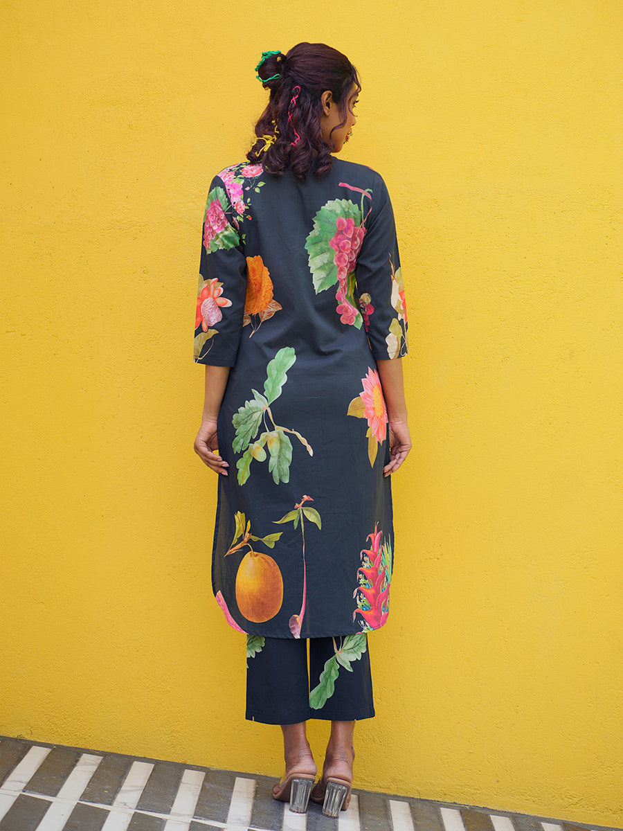 Black Peach Printed Cotton Kurta Co-Ord Set