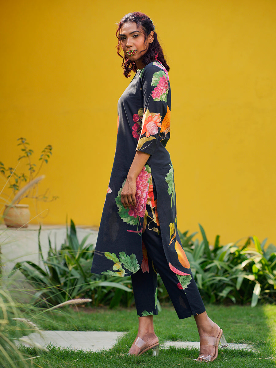 Black Peach Printed Cotton Kurta Co-Ord Set