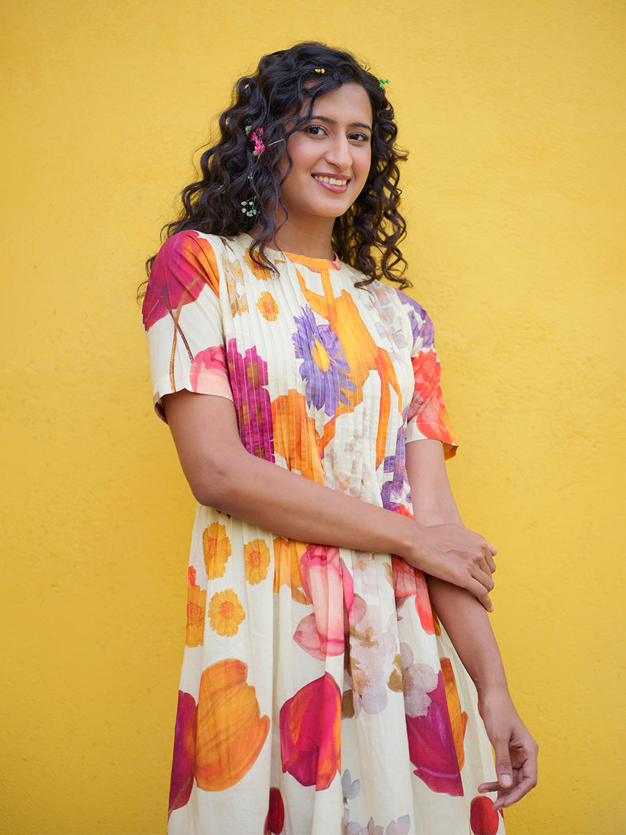 White Floral Pintucks Cotton Dress