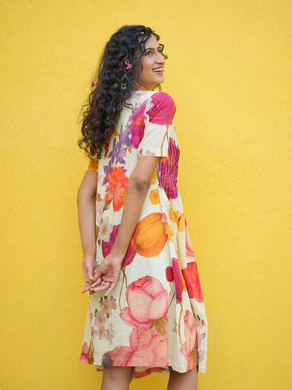 White Floral Pintucks Cotton Dress