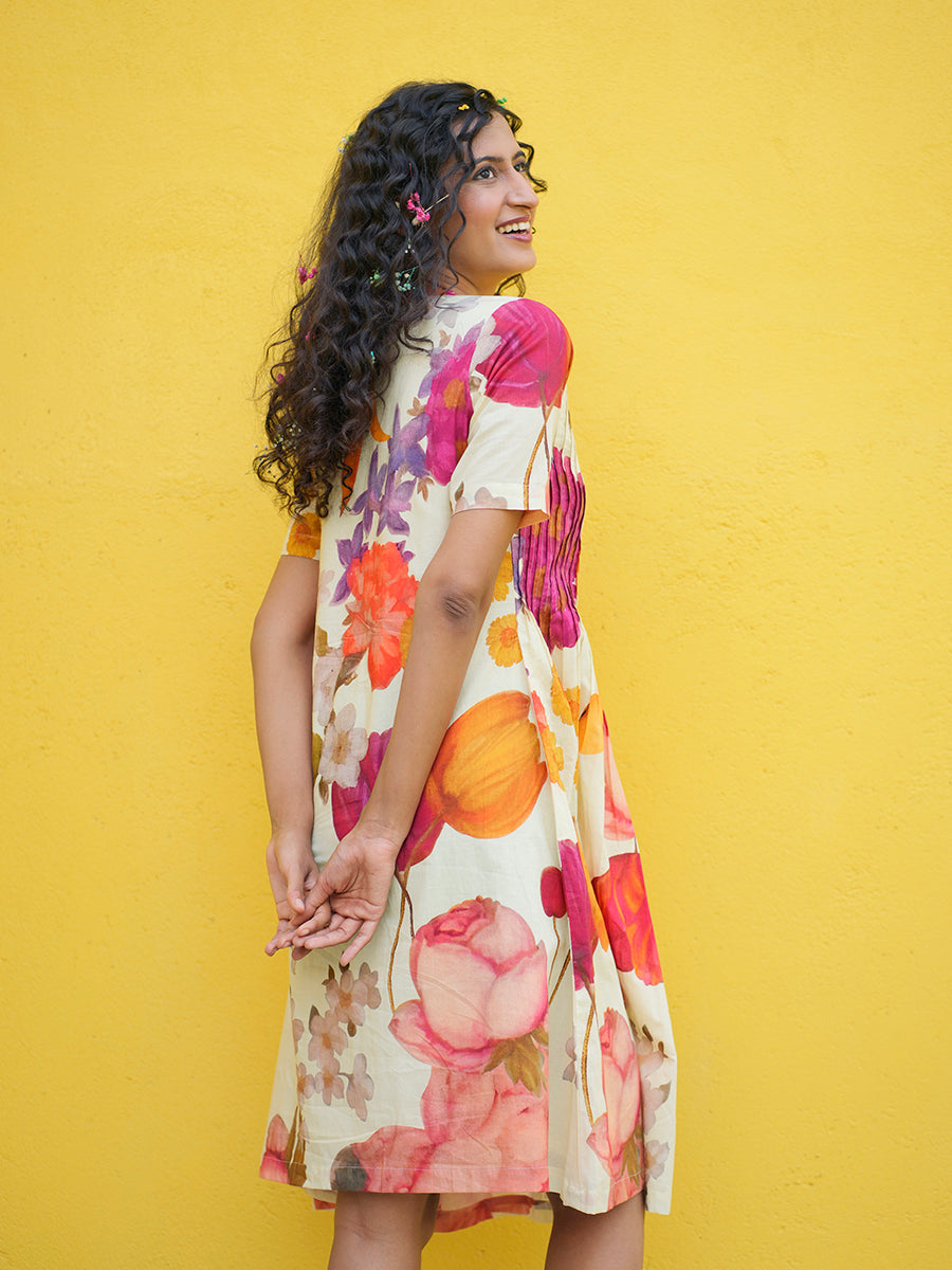White Floral Pintucks Cotton Dress