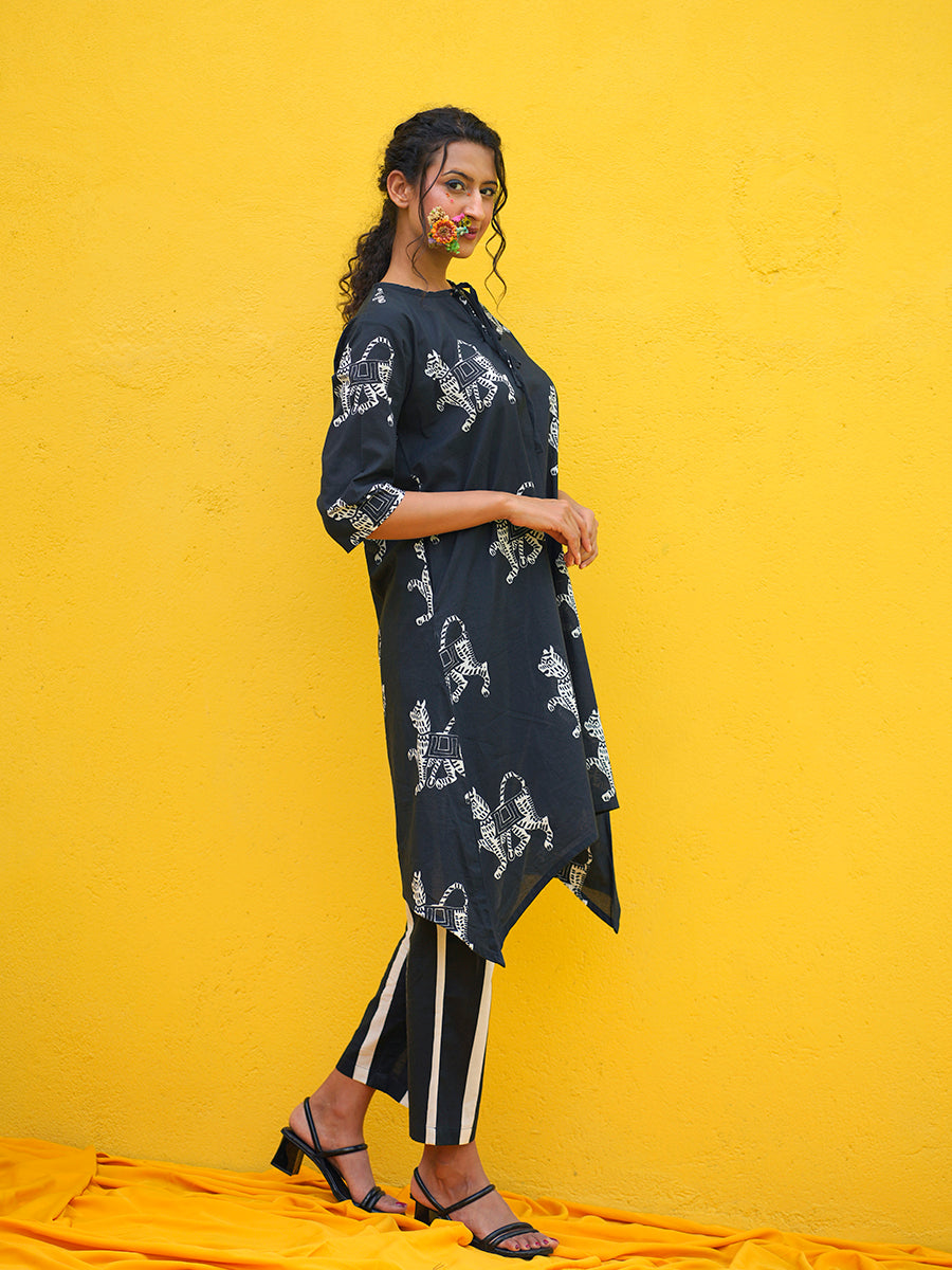 Tiger Printed Long Kurta Cotton Co-Ord Set