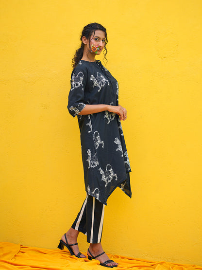 Tiger Printed Long Kurta Cotton Co-Ord Set