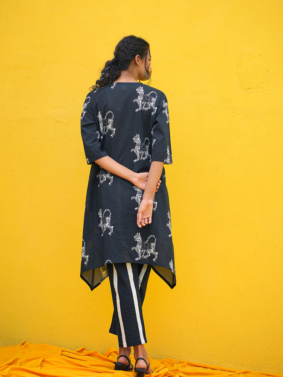 Tiger Printed Long Kurta Cotton Co-Ord Set