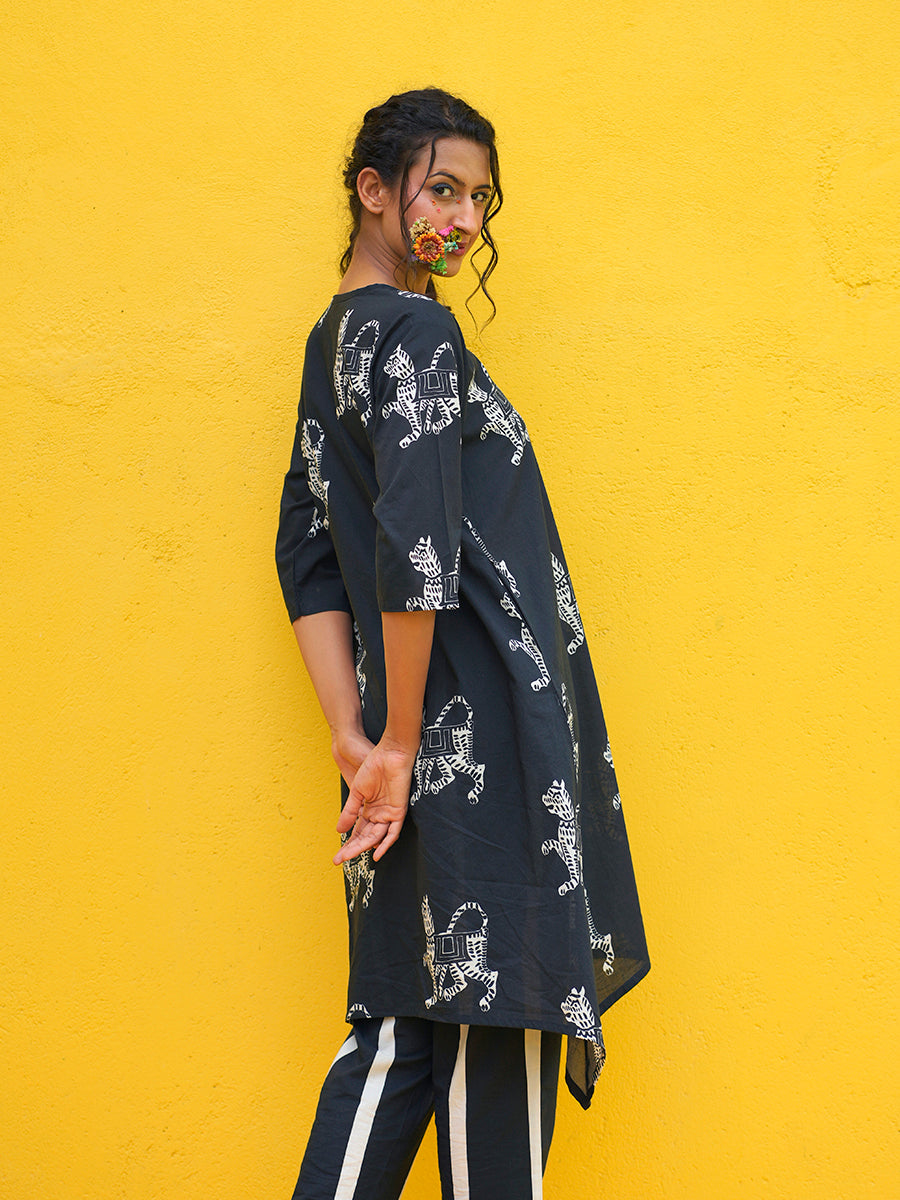 Tiger Printed Long Kurta Cotton Co-Ord Set