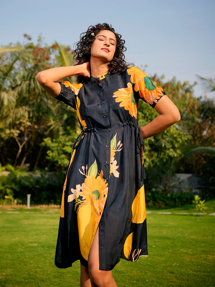 Sunflower Printed Muslin Black Dress House of Zavi Sunflower Printed Muslin Black Dress House of Zavi