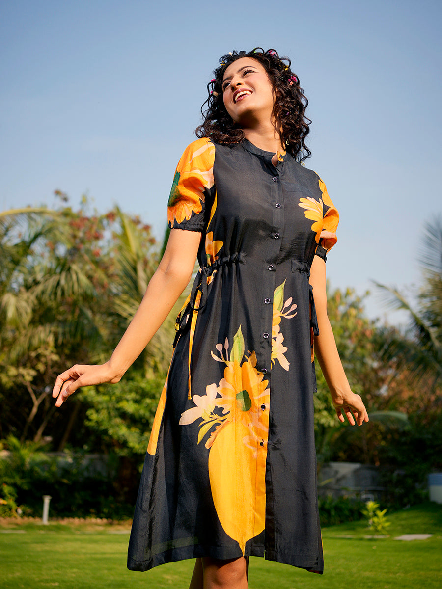 Sunflower Printed Muslin Black Dress House of Zavi Sunflower Printed Muslin Black Dress House of Zavi