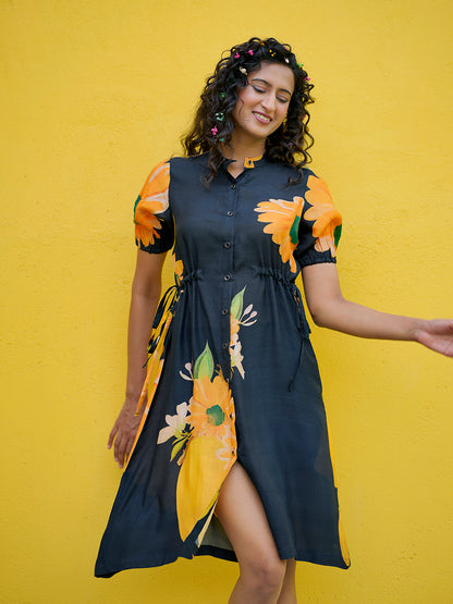 Sunflower Printed Muslin Black Dress