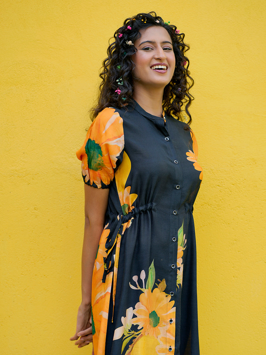 Sunflower Printed Muslin Black Dress