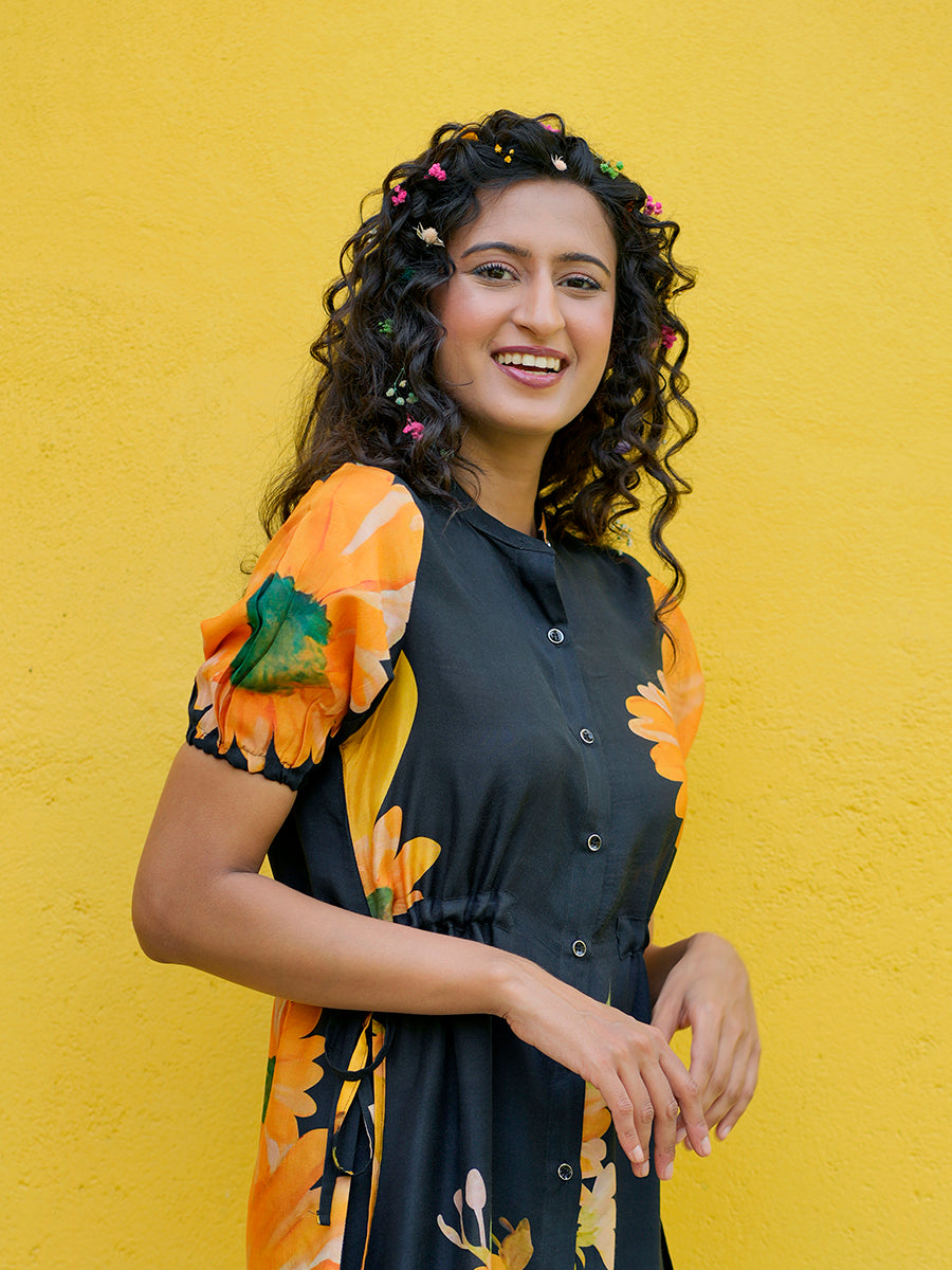 Sunflower Printed Muslin Black Dress