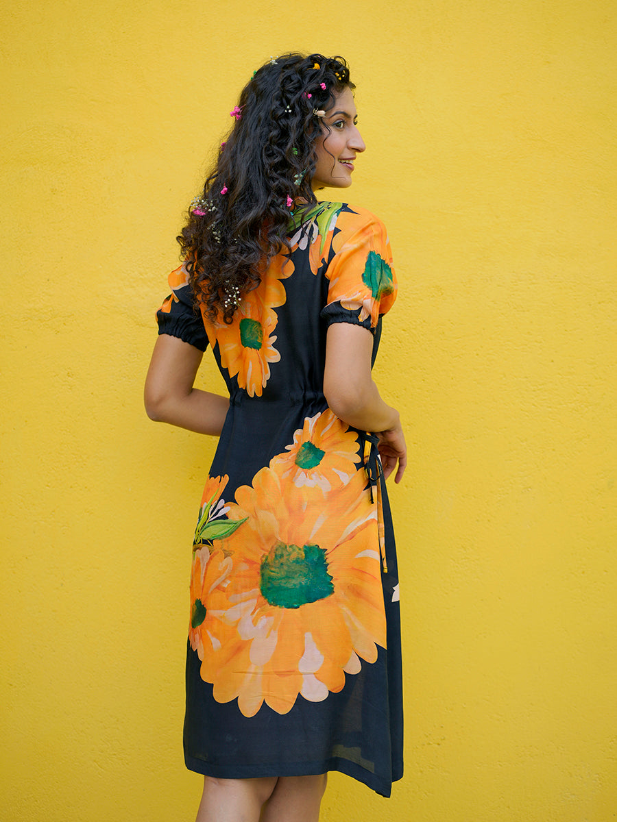Sunflower Printed Muslin Black Dress