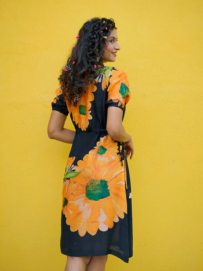 Sunflower Printed Muslin Black Dress