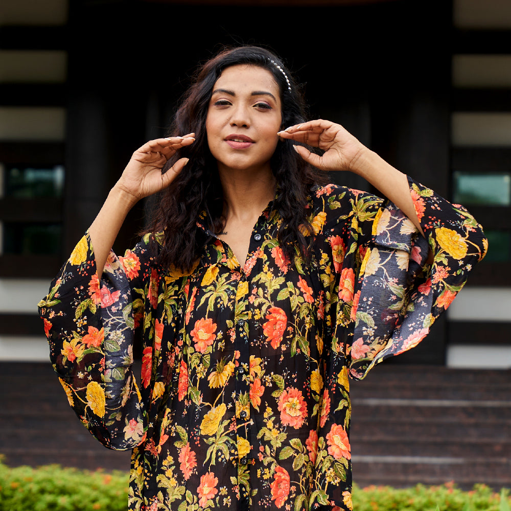 Marigold Printed Black Chinon Top