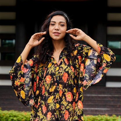 Marigold Printed Black Chinon Top