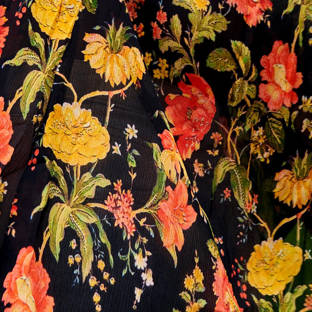 Marigold Printed Black Chinon Top