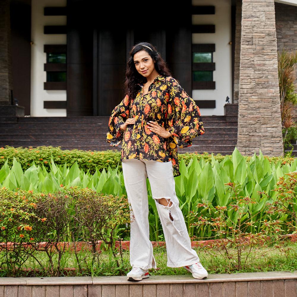 Marigold Printed Black Chinon Top