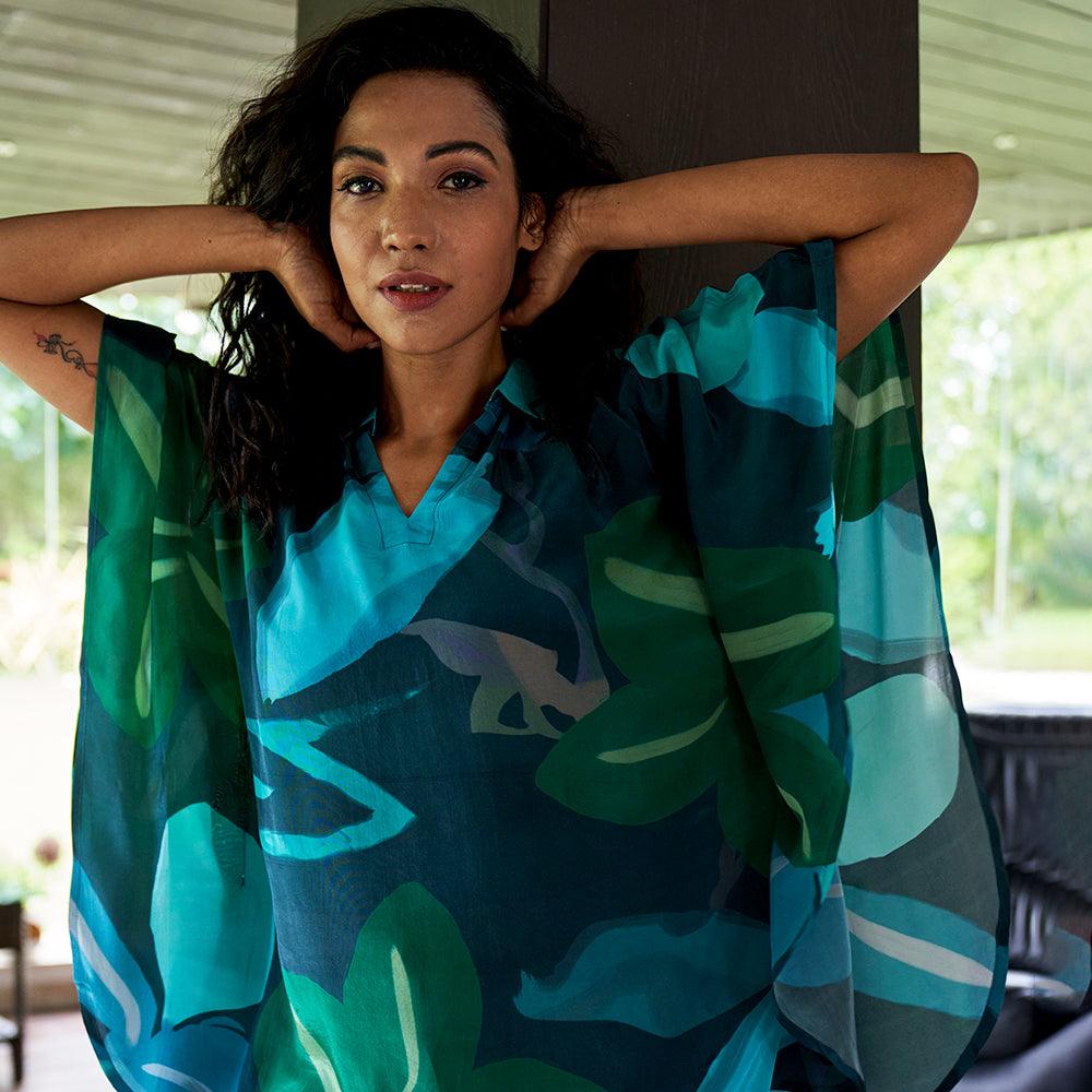 "Close-up of the abstract print design on Beat the Blues Kaftan Top in Crepe Silk fabric."