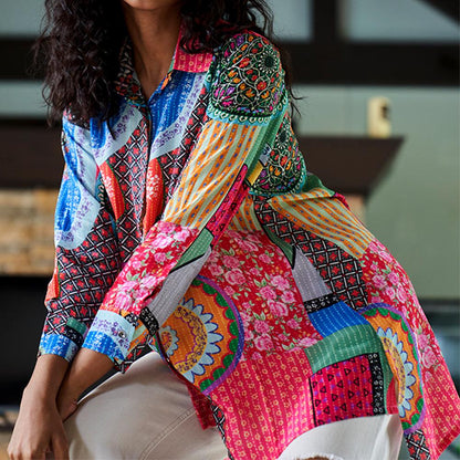 Flat lay of multicolor abstract shirt top in breathable crepe material