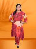 Front view of model wearing cherry print cotton long kurta co-ord set with relaxed fit and 3/4th sleeves