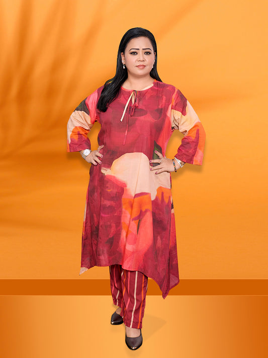 Front view of model wearing cherry print cotton long kurta co-ord set with relaxed fit and 3/4th sleeves