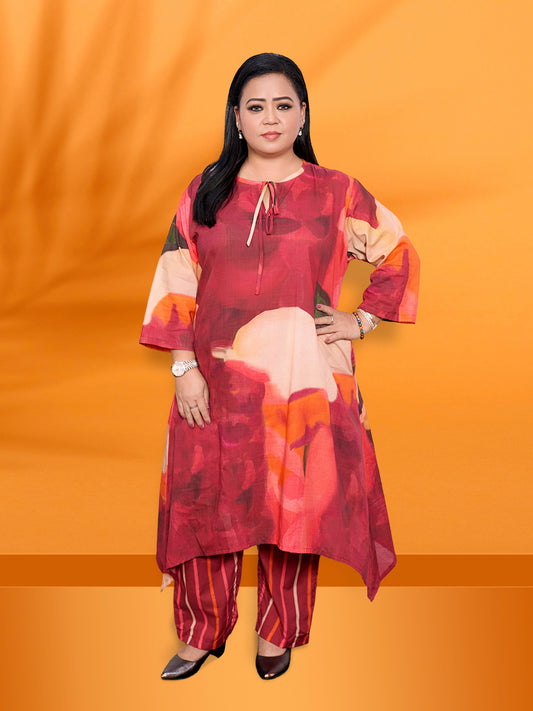 Front view of model wearing cherry print cotton kurta co-ord set with calf-length kurta and relaxed fit