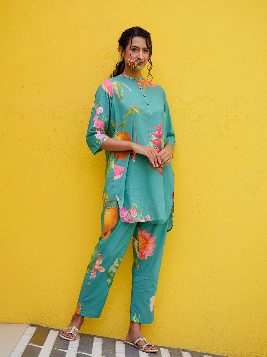 Sea Green Printed Cotton Kurta Co-Ord Set