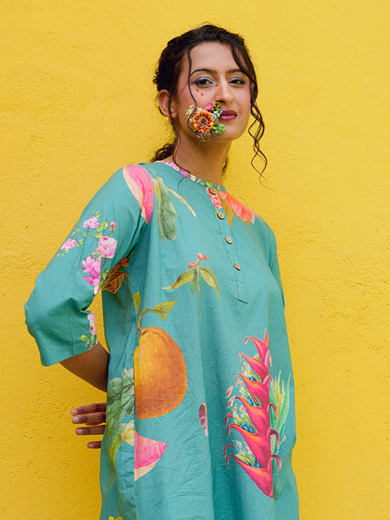 Sea Green Printed Cotton Kurta Co-Ord Set