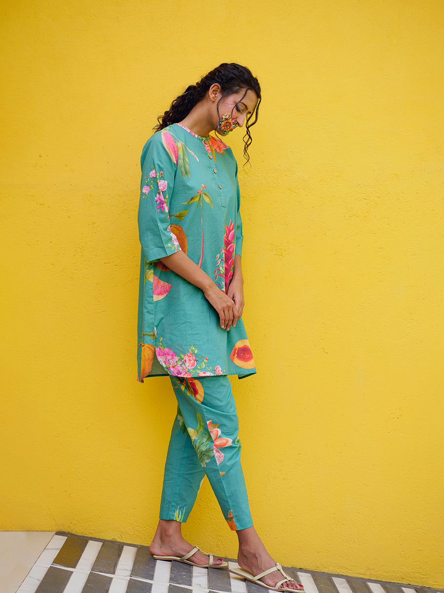 Sea Green Printed Cotton Kurta Co-Ord Set