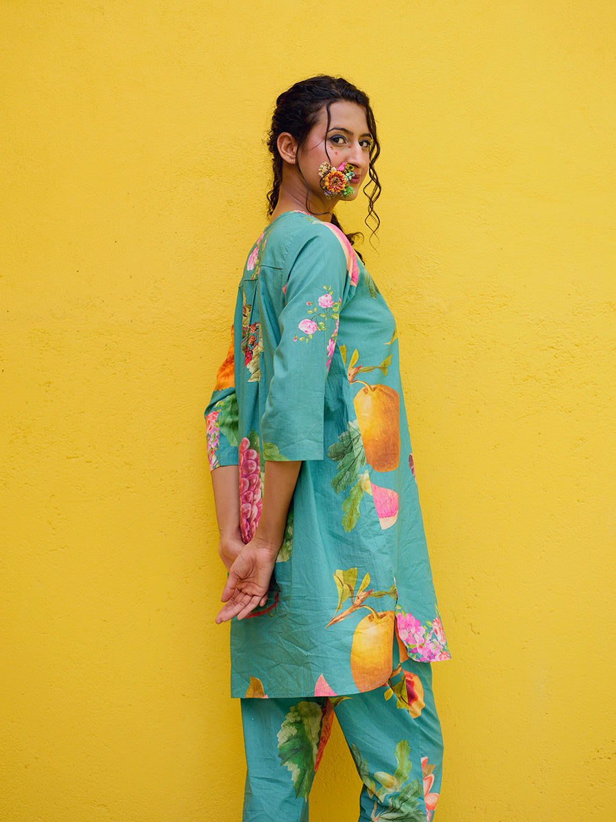 Sea Green Printed Cotton Kurta Co-Ord Set