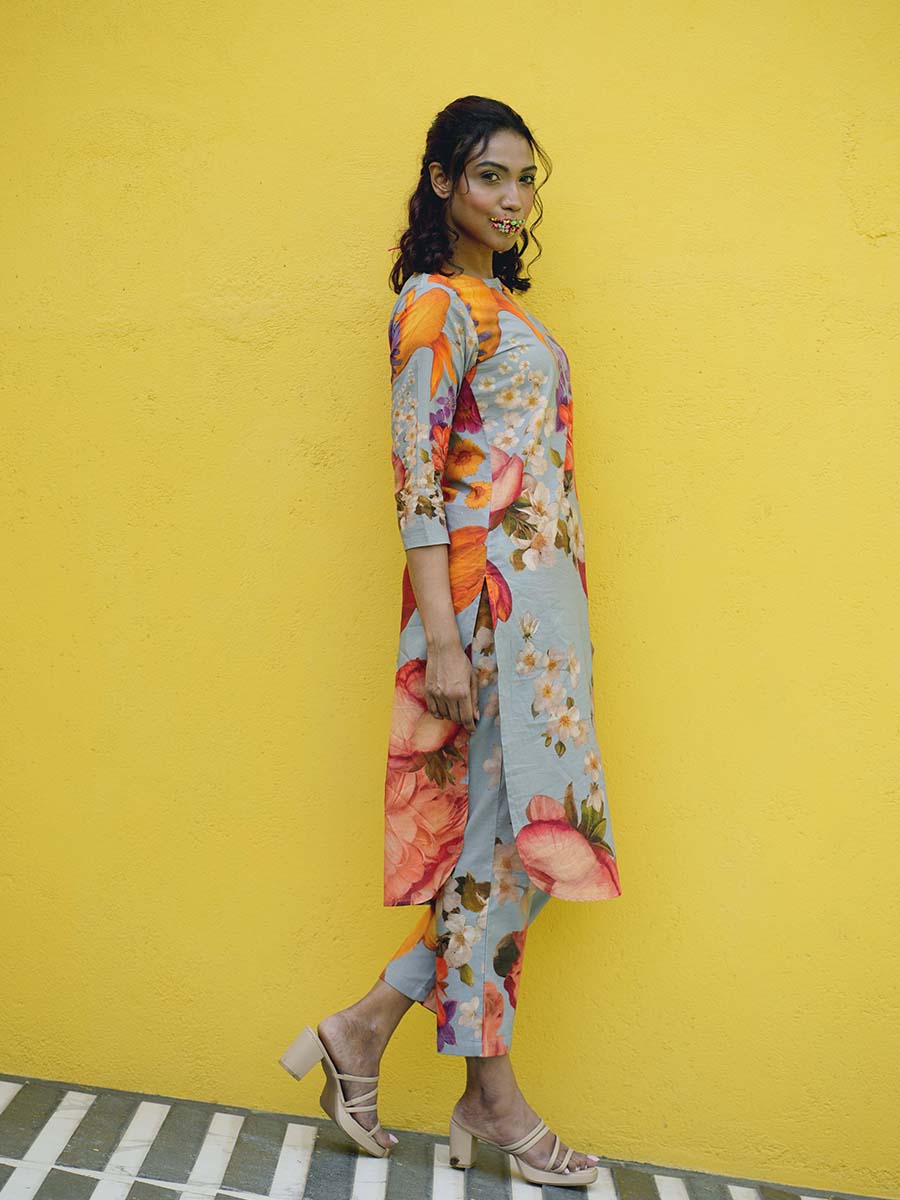 Botanical Cotton Grey Kurta Co-Ord Set
