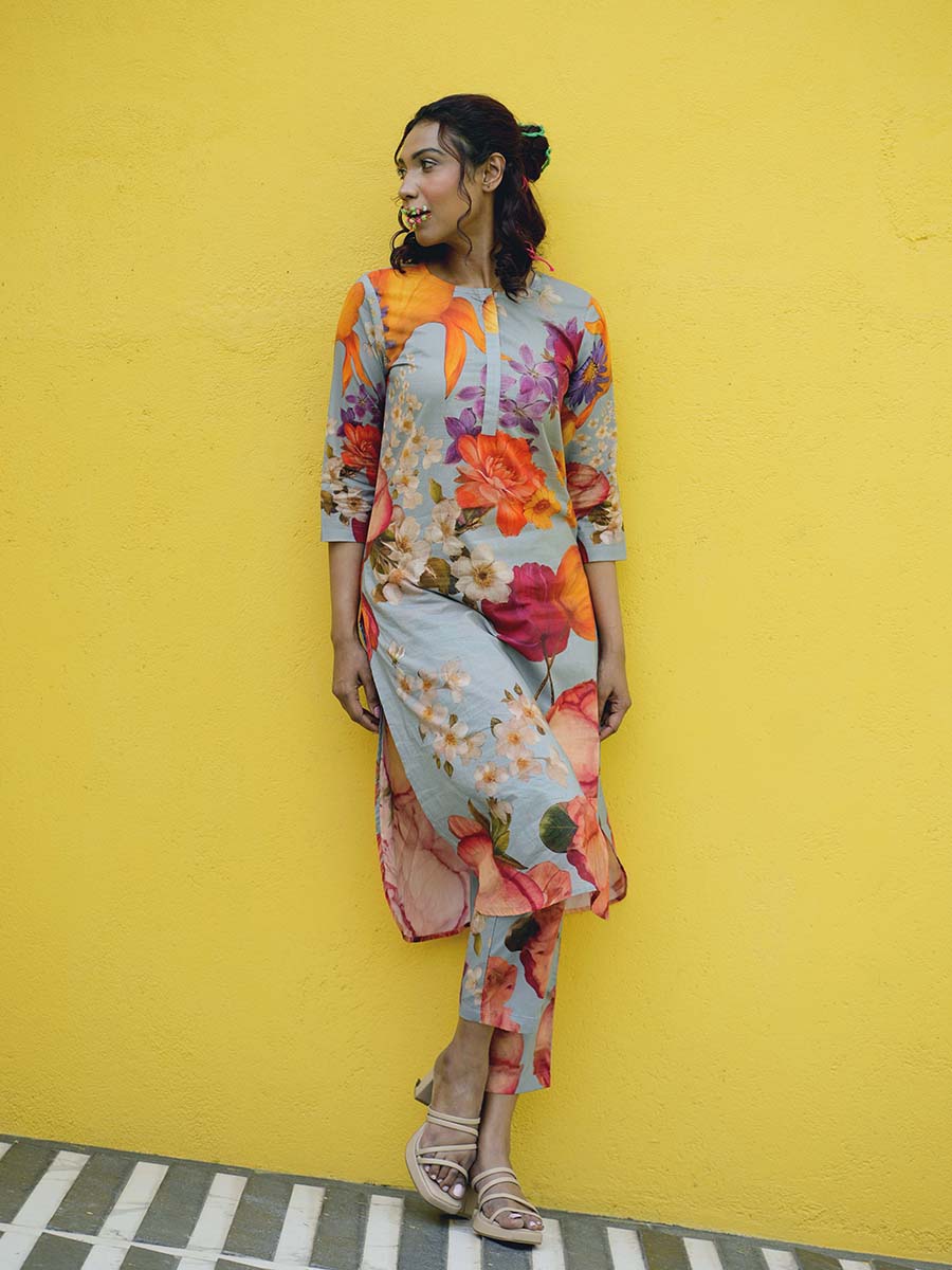 Botanical Cotton Grey Kurta Co-Ord Set
