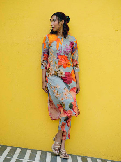 Botanical Cotton Grey Kurta Co-Ord Set