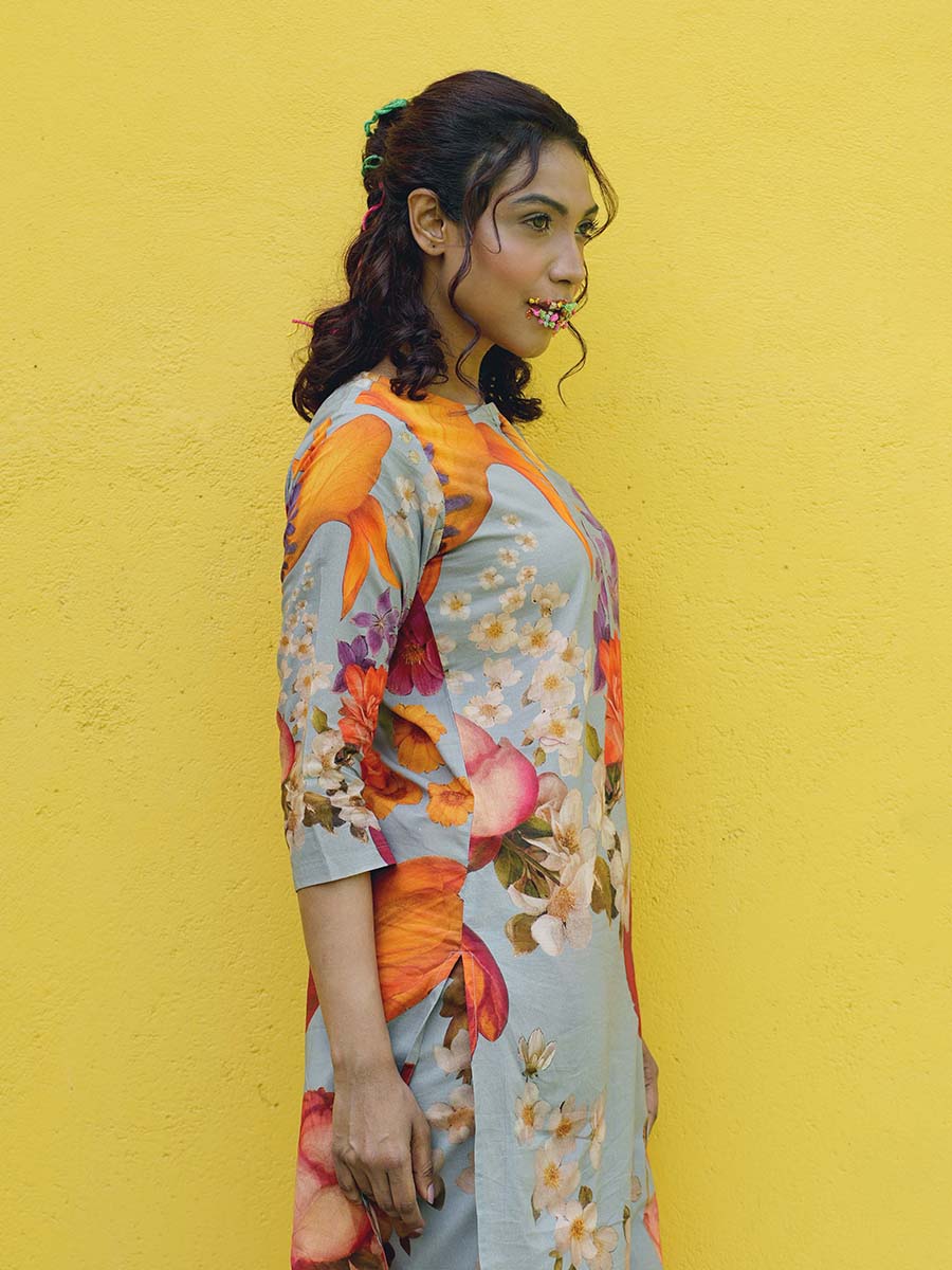 Botanical Cotton Grey Kurta Co-Ord Set