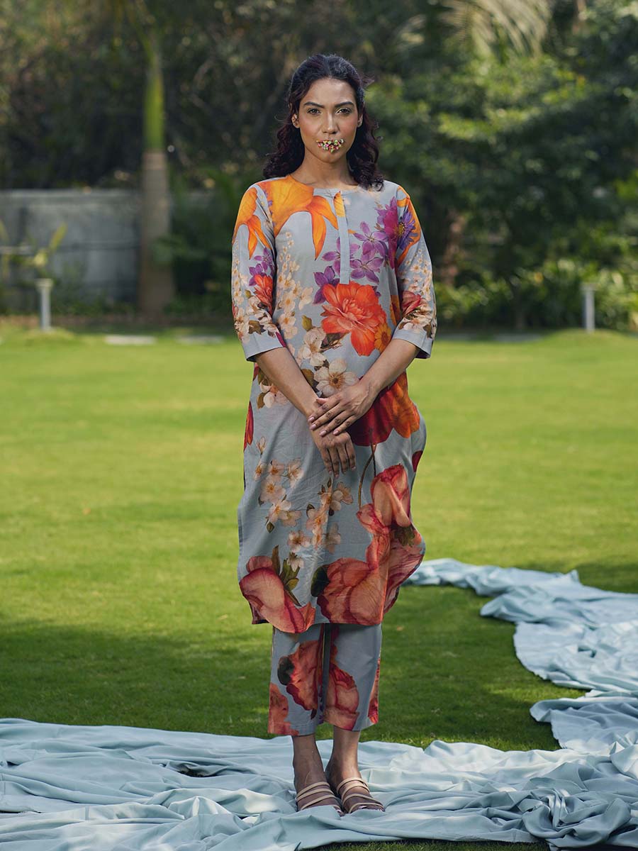Botanical Cotton Grey Kurta Co-Ord Set